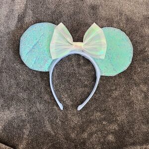 Light Blue Iridescent Sequin Minnie Ears with Sheer Bow 💙✨